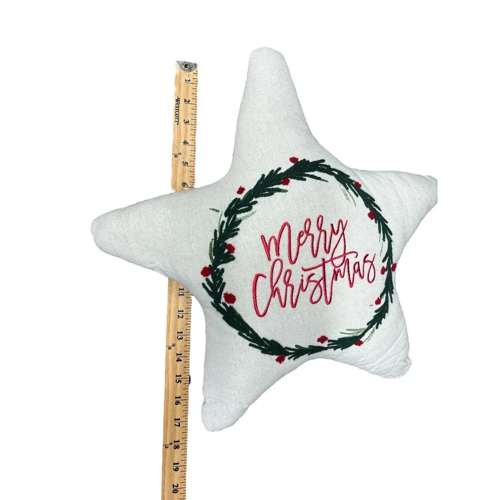 Merry Christmas‎ Embroidered Holly Wreath Star Shaped Holiday Pillow